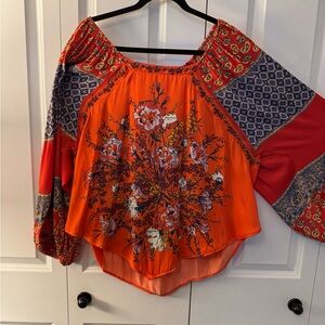 Free People Orange Floral Patchwork Blouse
